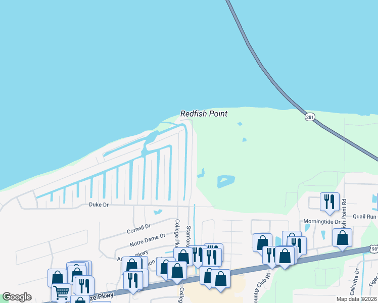 map of restaurants, bars, coffee shops, grocery stores, and more near 1676 College Parkway in Gulf Breeze