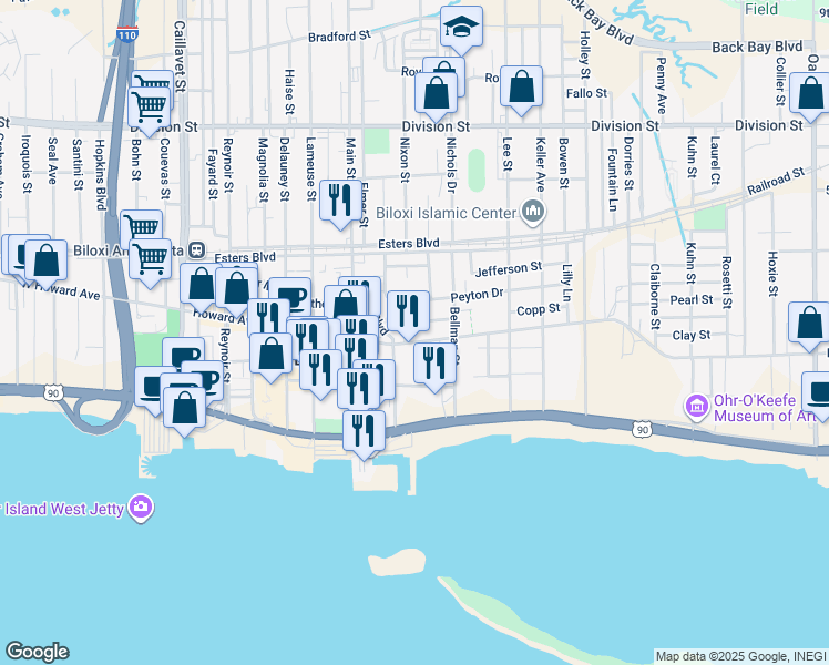 map of restaurants, bars, coffee shops, grocery stores, and more near 638 Howard Avenue in Biloxi