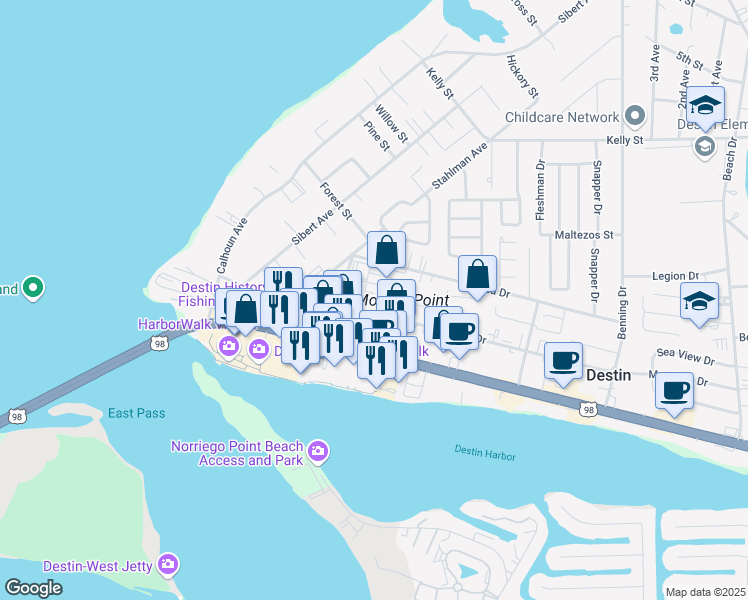 map of restaurants, bars, coffee shops, grocery stores, and more near 215 Mountain Drive in Destin