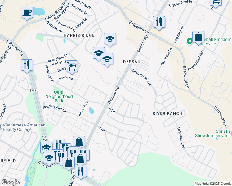 map of restaurants, bars, coffee shops, grocery stores, and more near 12609 Dessau Road in Austin