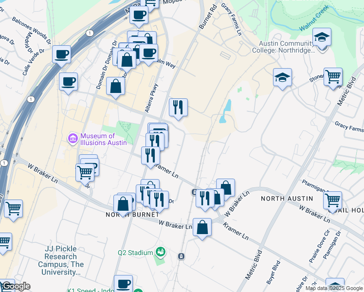 map of restaurants, bars, coffee shops, grocery stores, and more near 2600 Esperanza Crossing in Austin
