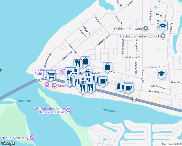 map of restaurants, bars, coffee shops, grocery stores, and more near 219 Mountain Drive in Destin