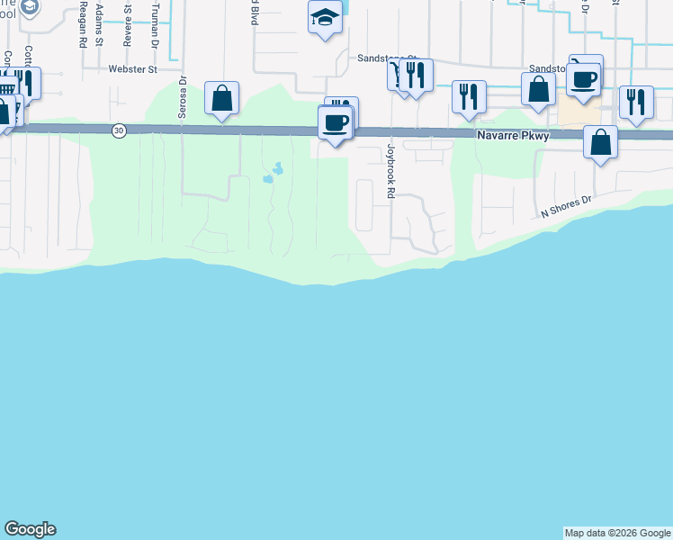 map of restaurants, bars, coffee shops, grocery stores, and more near 1638 Joybrook Road in Navarre