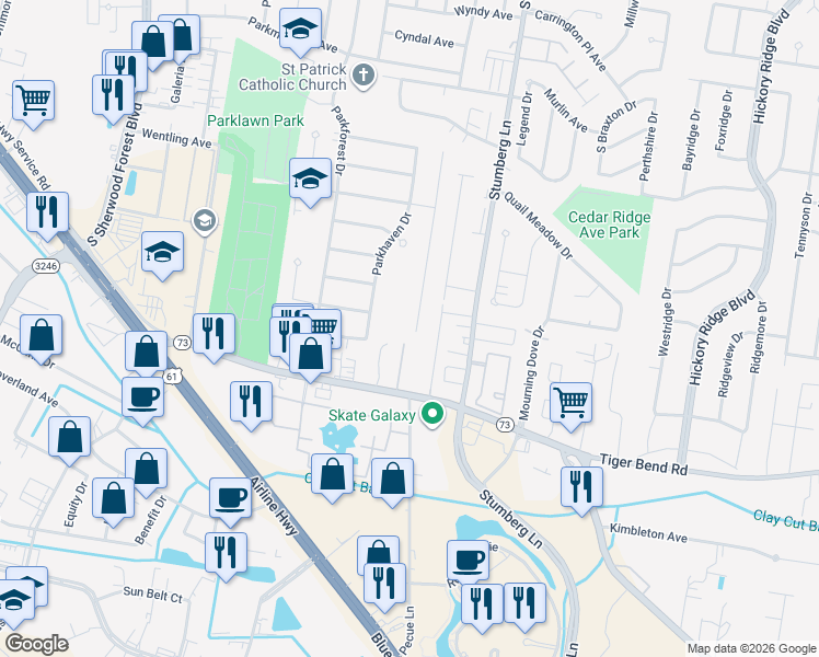 map of restaurants, bars, coffee shops, grocery stores, and more near 5948 Parkknoll Place Drive in Baton Rouge