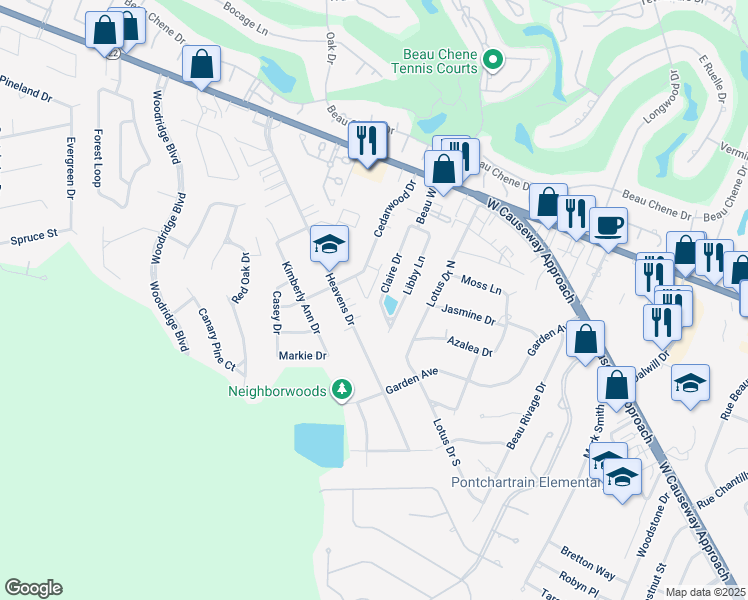 map of restaurants, bars, coffee shops, grocery stores, and more near 790 Claire Drive in Mandeville