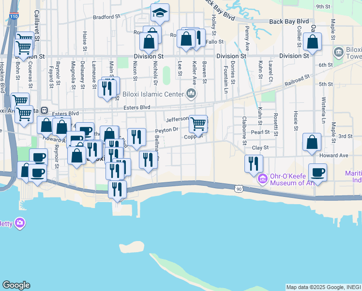 map of restaurants, bars, coffee shops, grocery stores, and more near 148 Lee St in Biloxi