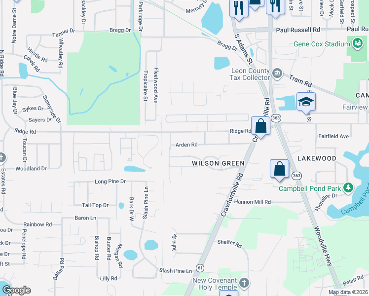 map of restaurants, bars, coffee shops, grocery stores, and more near 313 Arden Road in Tallahassee