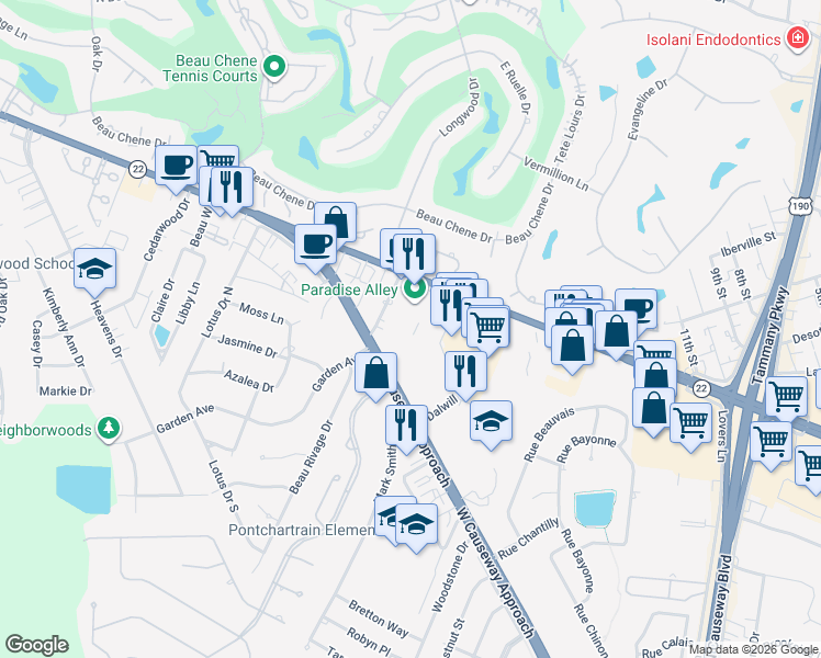 map of restaurants, bars, coffee shops, grocery stores, and more near 4430 Louisiana 22 in Mandeville