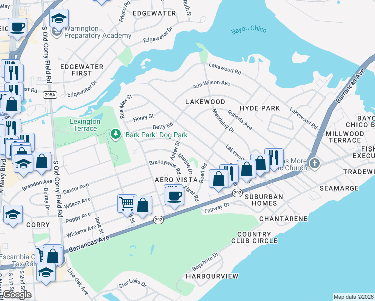 map of restaurants, bars, coffee shops, grocery stores, and more near 130 Marine Drive in Pensacola