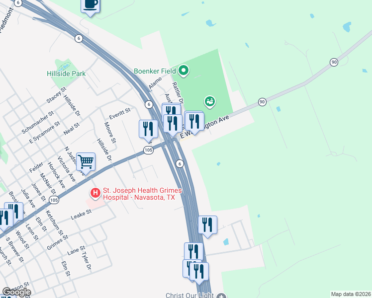 map of restaurants, bars, coffee shops, grocery stores, and more near 9345 Highway 6 in Navasota