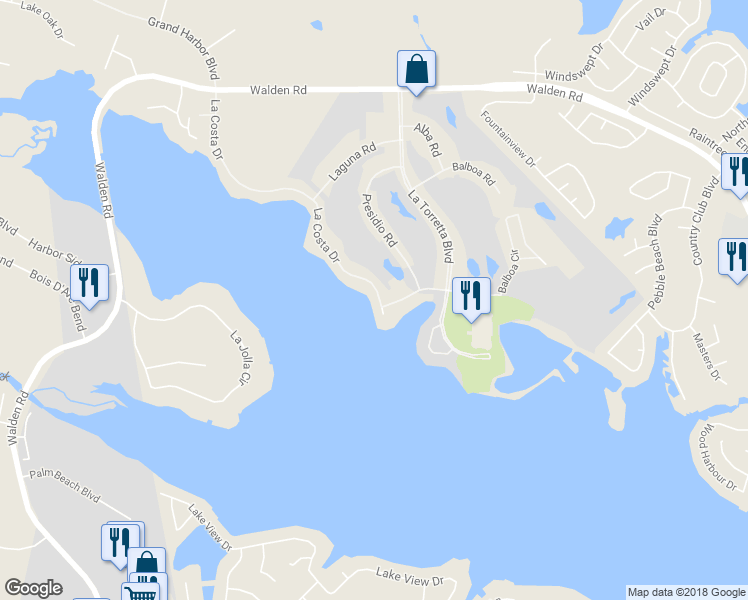 map of restaurants, bars, coffee shops, grocery stores, and more near 21 La Costa Drive in Montgomery