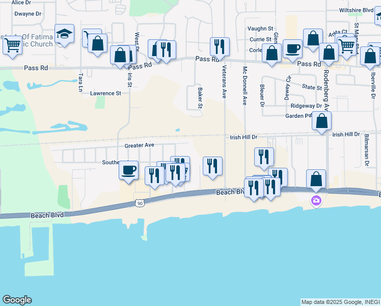 map of restaurants, bars, coffee shops, grocery stores, and more near 1880 Southern Avenue in Biloxi