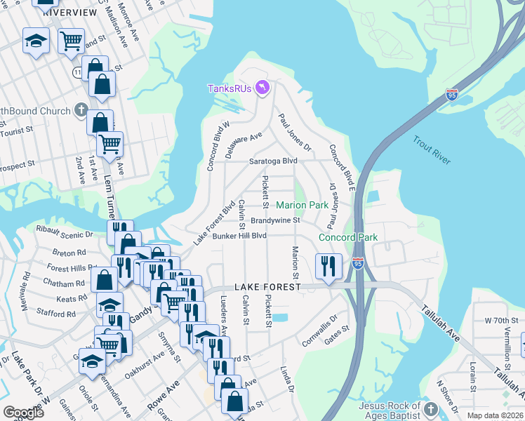 map of restaurants, bars, coffee shops, grocery stores, and more near 963 Brandywine Street in Jacksonville