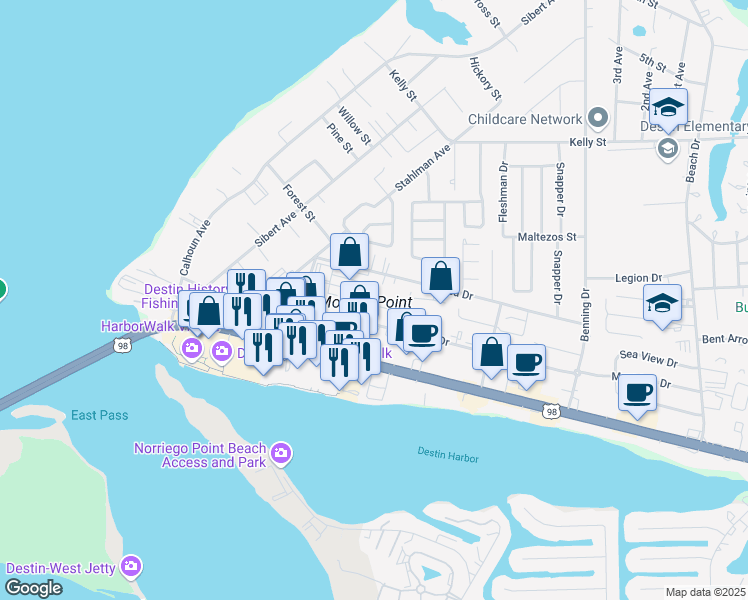 map of restaurants, bars, coffee shops, grocery stores, and more near 219 Mountain Drive in Destin