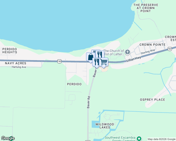 map of restaurants, bars, coffee shops, grocery stores, and more near 1068 Joaquin Road in Pensacola