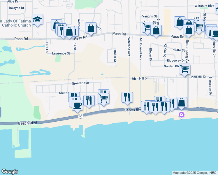 map of restaurants, bars, coffee shops, grocery stores, and more near 1880 Southern Avenue in Biloxi