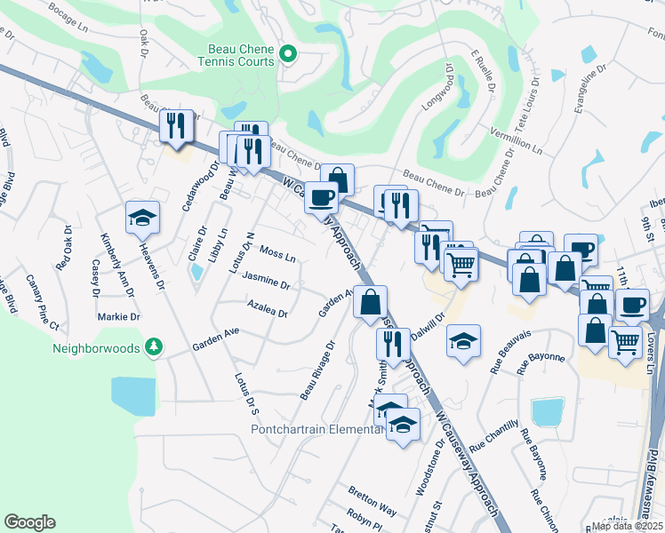 map of restaurants, bars, coffee shops, grocery stores, and more near 1820 West Causeway Approach in Mandeville