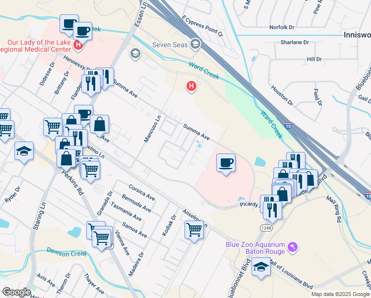 map of restaurants, bars, coffee shops, grocery stores, and more near 5038 Summa Court in Baton Rouge