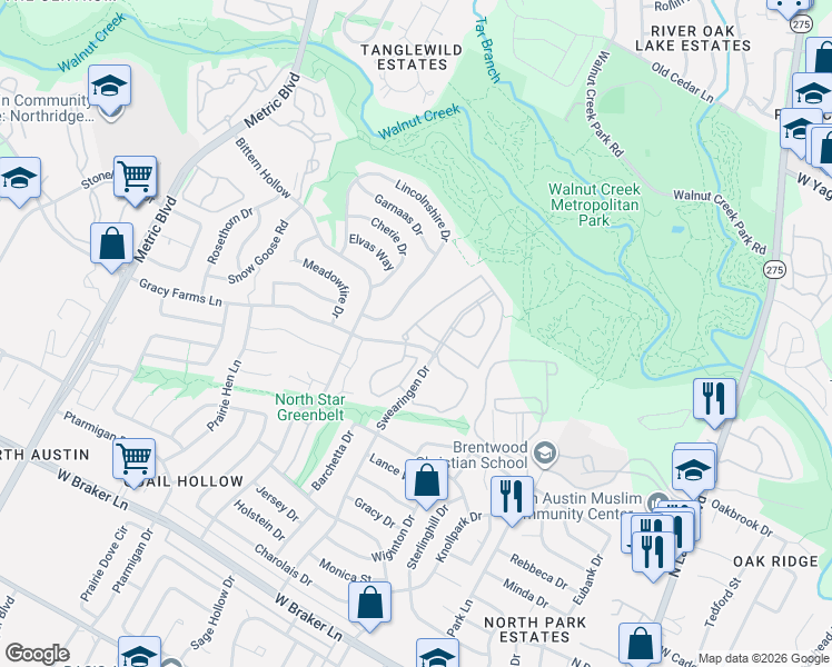 map of restaurants, bars, coffee shops, grocery stores, and more near 1431 Elm Brook Drive in Austin