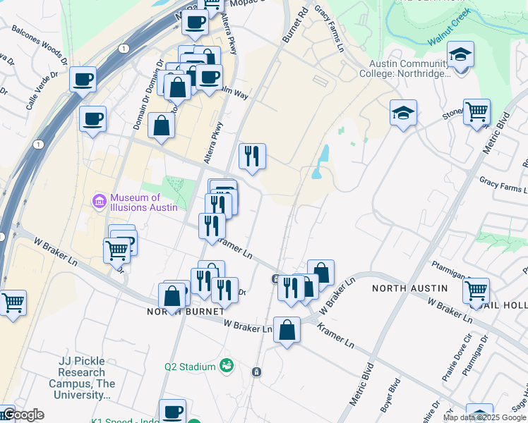 map of restaurants, bars, coffee shops, grocery stores, and more near 2600 Esperanza Crossing in Austin
