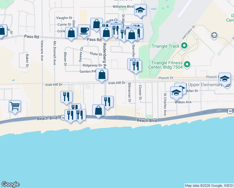 map of restaurants, bars, coffee shops, grocery stores, and more near 1664 Beach Boulevard in Biloxi