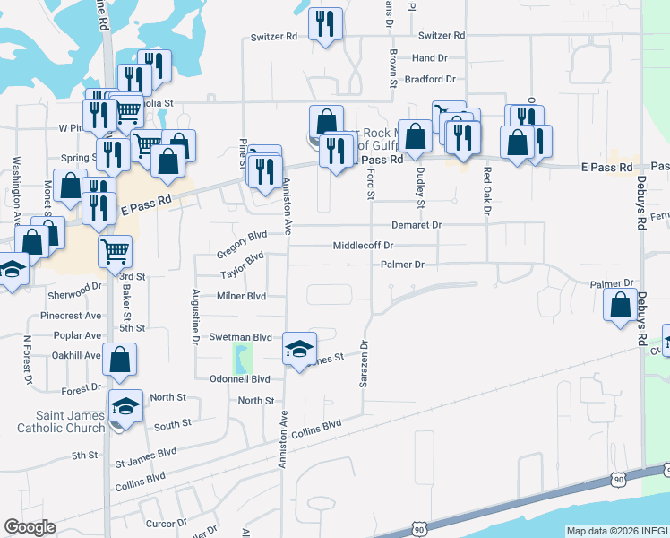 map of restaurants, bars, coffee shops, grocery stores, and more near 2370 Park Place Drive in Gulfport