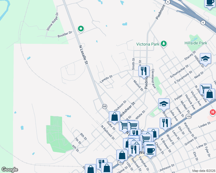 map of restaurants, bars, coffee shops, grocery stores, and more near 516 Laredo Street in Navasota