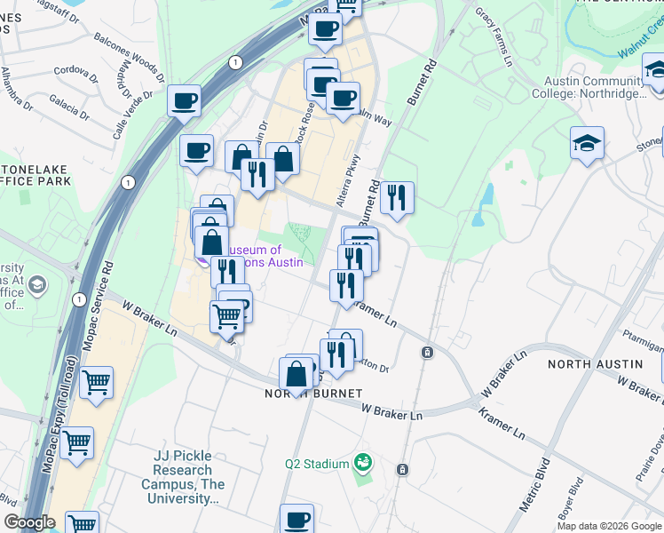 map of restaurants, bars, coffee shops, grocery stores, and more near 11119 Alterra Parkway in Austin