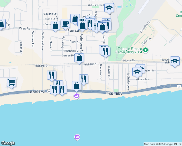 map of restaurants, bars, coffee shops, grocery stores, and more near 1664 Beach Boulevard in Biloxi