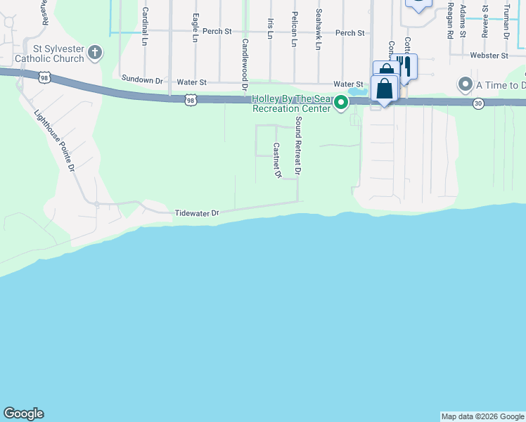 map of restaurants, bars, coffee shops, grocery stores, and more near 6811 Tidewater Drive in Navarre