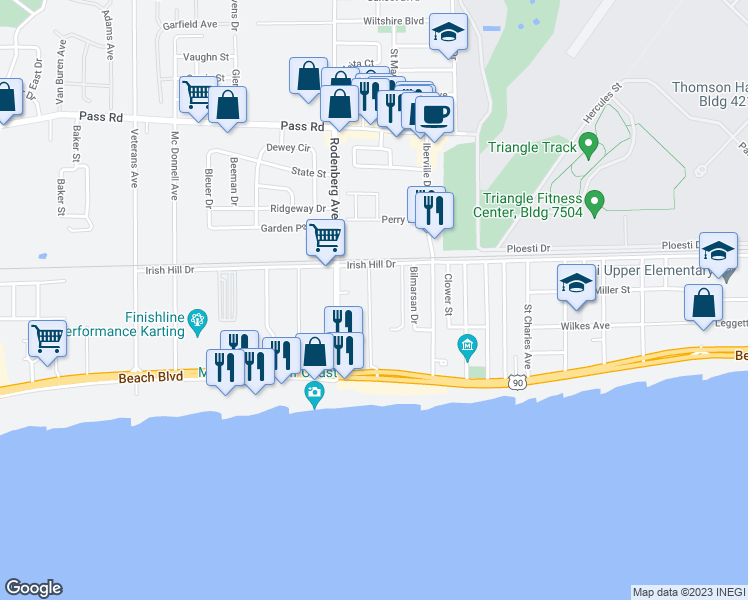 map of restaurants, bars, coffee shops, grocery stores, and more near 1664 Beach Boulevard in Biloxi
