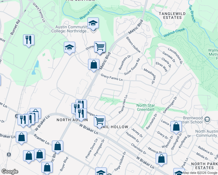 map of restaurants, bars, coffee shops, grocery stores, and more near 1821 Rainy Meadows Drive in Austin