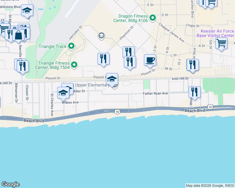 map of restaurants, bars, coffee shops, grocery stores, and more near 1424 Father Ryan Avenue in Biloxi