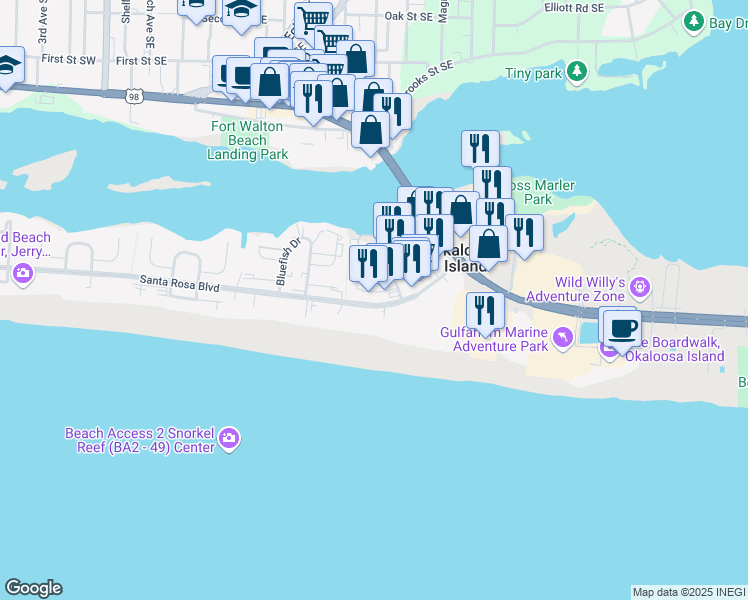 map of restaurants, bars, coffee shops, grocery stores, and more near 225 Santa Rosa Boulevard in Fort Walton Beach