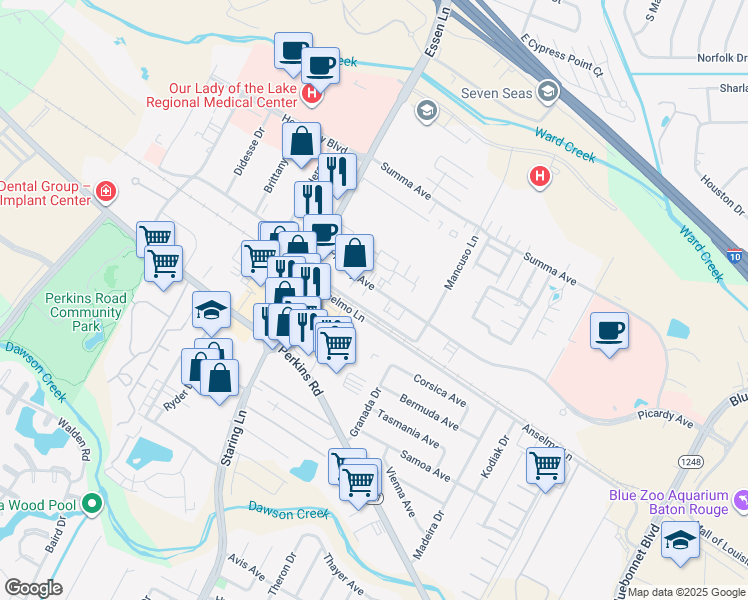 map of restaurants, bars, coffee shops, grocery stores, and more near 8026 Picardy Avenue in Baton Rouge