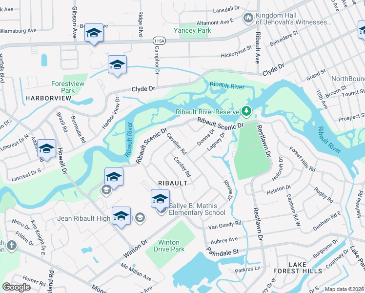 map of restaurants, bars, coffee shops, grocery stores, and more near 3052 Donna Drive in Jacksonville
