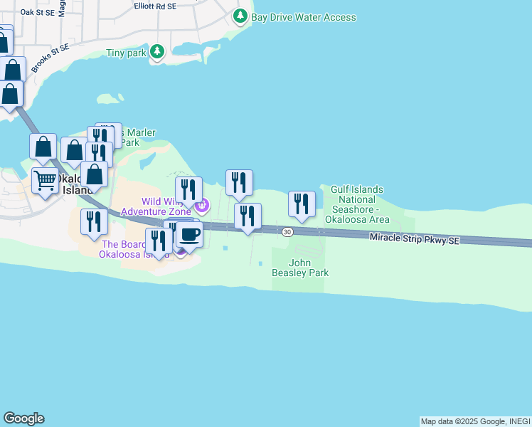 map of restaurants, bars, coffee shops, grocery stores, and more near 1333 Miracle Strip Parkway Southeast in Okaloosa Island