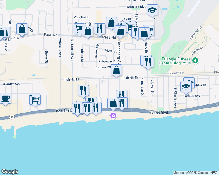 map of restaurants, bars, coffee shops, grocery stores, and more near 1667 Irish Hill Drive in Biloxi