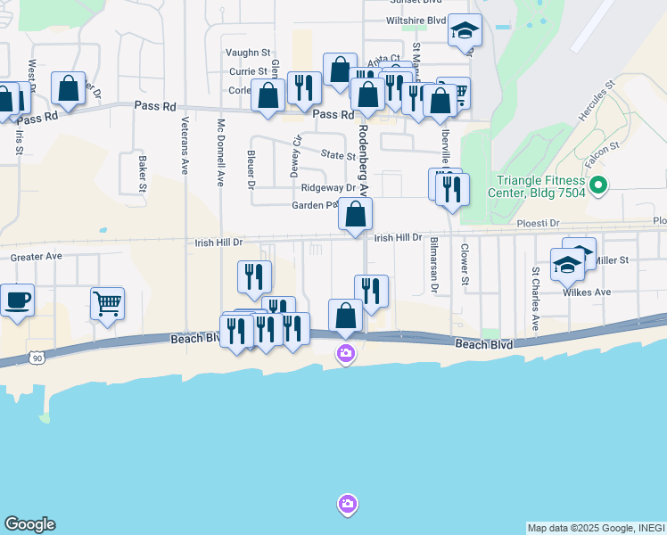 map of restaurants, bars, coffee shops, grocery stores, and more near 1667 Irish Hill Drive in Biloxi