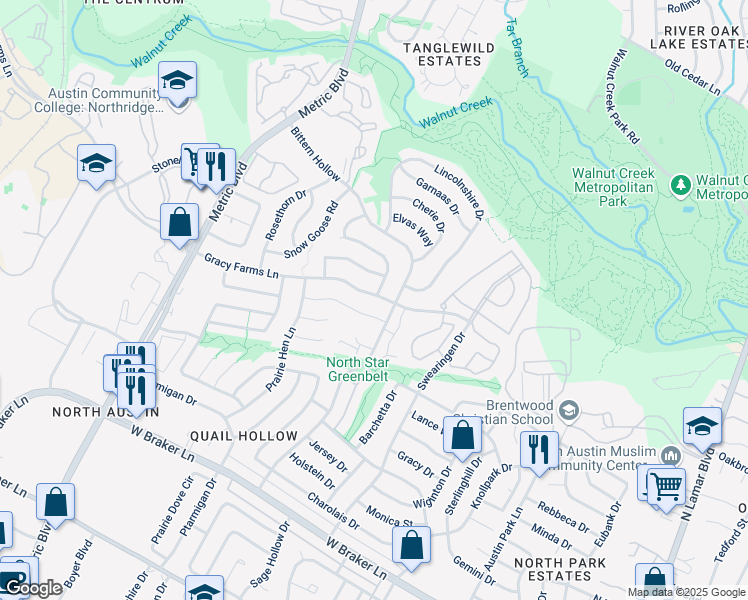map of restaurants, bars, coffee shops, grocery stores, and more near 1600 Woodwind Lane in Austin