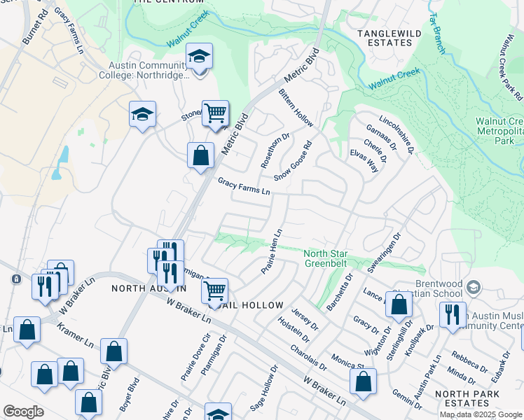 map of restaurants, bars, coffee shops, grocery stores, and more near 1800 Rainy Meadows Drive in Austin
