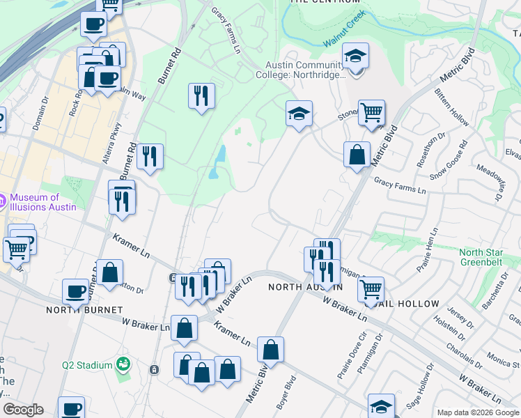 map of restaurants, bars, coffee shops, grocery stores, and more near 11550 Stonehollow Dr in Austin