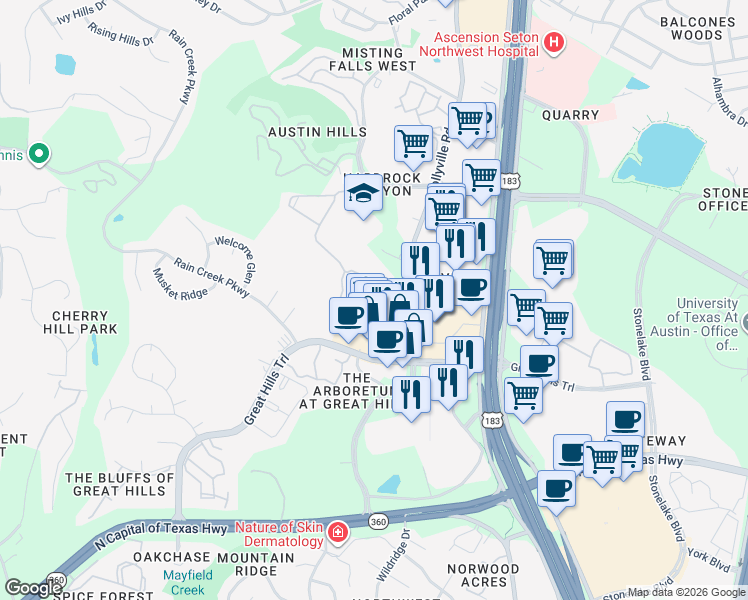 map of restaurants, bars, coffee shops, grocery stores, and more near 10300 Jollyville Road in Austin