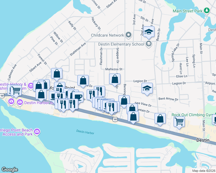 map of restaurants, bars, coffee shops, grocery stores, and more near 341 Sailfish Circle in Destin
