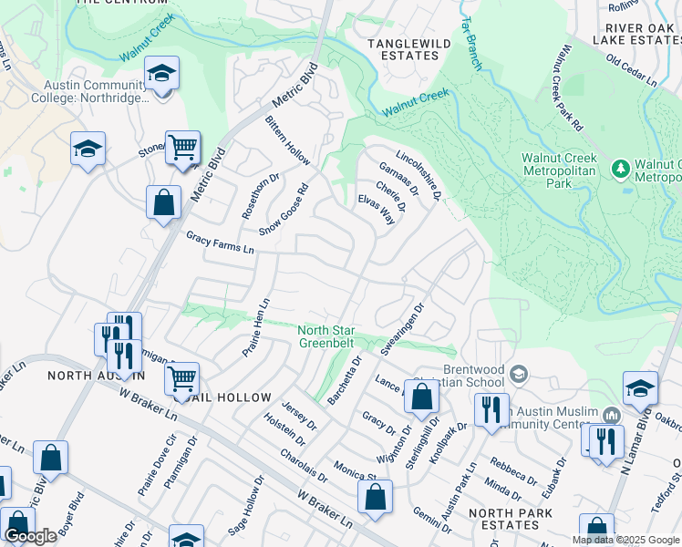 map of restaurants, bars, coffee shops, grocery stores, and more near 1600 Woodwind Lane in Austin