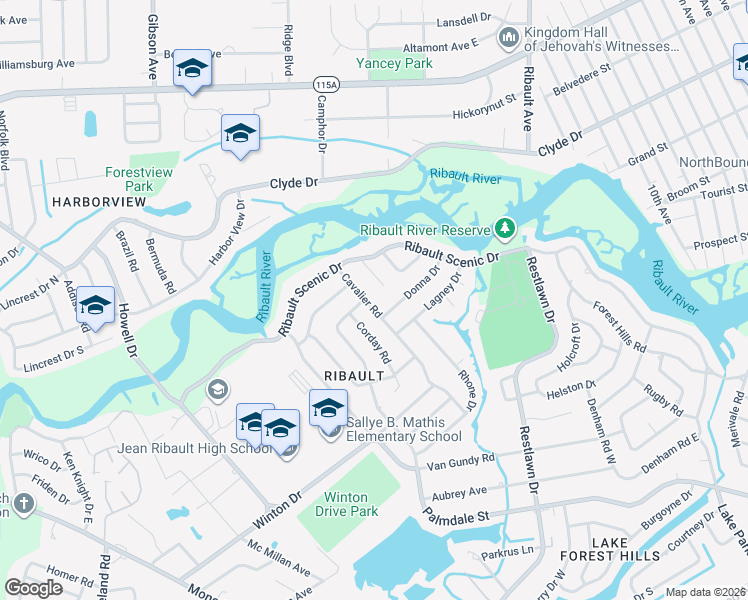 map of restaurants, bars, coffee shops, grocery stores, and more near 3052 Donna Drive in Jacksonville