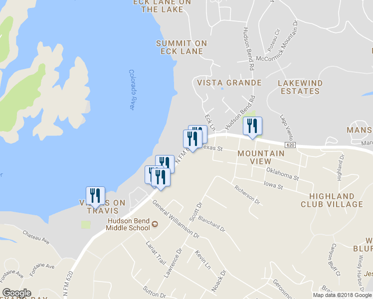 map of restaurants, bars, coffee shops, grocery stores, and more near 3548 Farm to Market 620 North in Austin