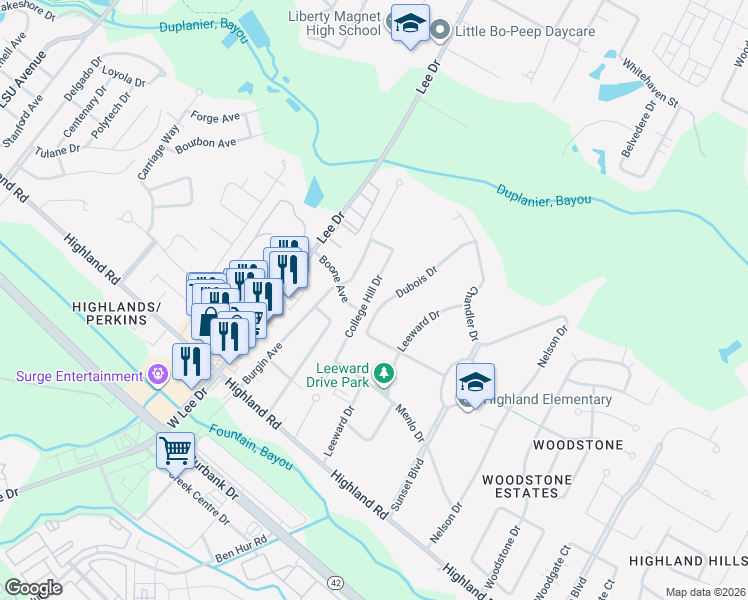 map of restaurants, bars, coffee shops, grocery stores, and more near 616 College Hill Drive in Baton Rouge