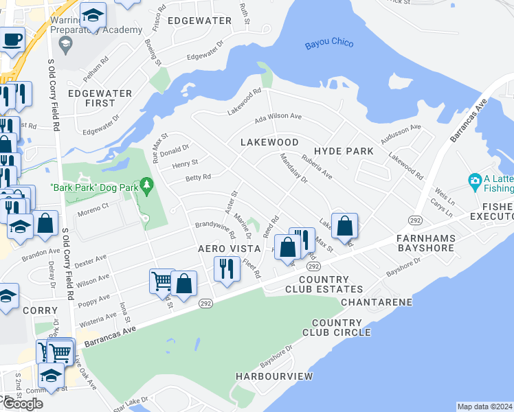 map of restaurants, bars, coffee shops, grocery stores, and more near 110 Milton Road in Pensacola