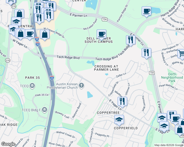 map of restaurants, bars, coffee shops, grocery stores, and more near 12443 Tech Ridge Boulevard in Austin